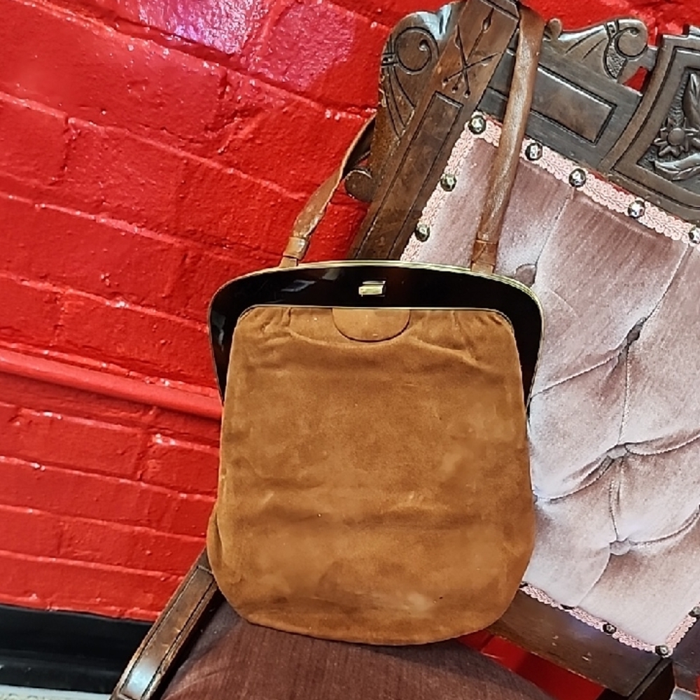 Vintage Brown Suede Bag, Nice Large  I Phone Size 1940s PinUp Handbag